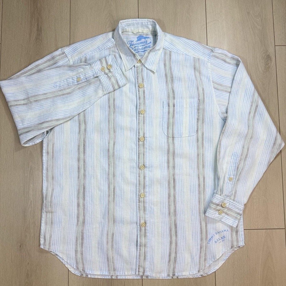 VTG Y2K Tommy Bahama Relax Men's L Linen Shirt Striped Long Sleeve Resort Casual
